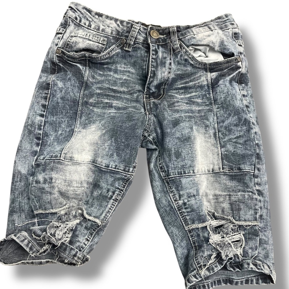 Encrypted‎ Mens Acid Wash Distressed Paneled Denim Shorts Blue Gray Size 30